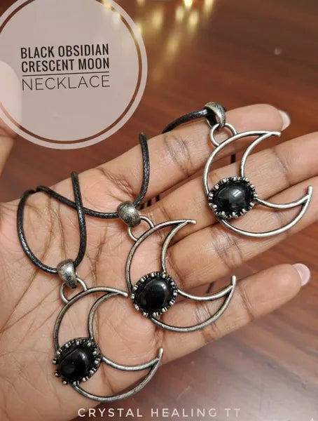 Black Obsidian & Crescent Moon Necklace