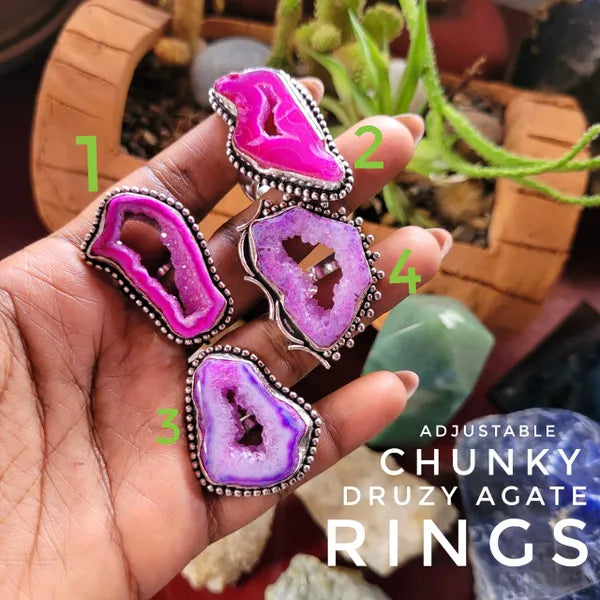 Pink Druzy Agate Rings - Adjustable