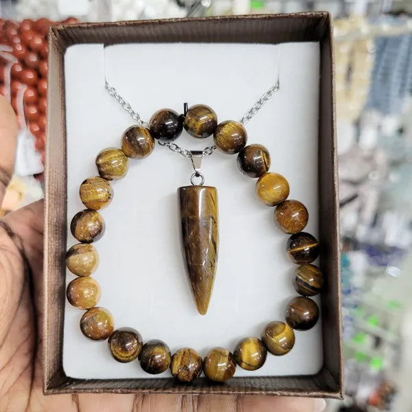 Tiger's Eye Necklace & Bracelet Set- Stainless Steel